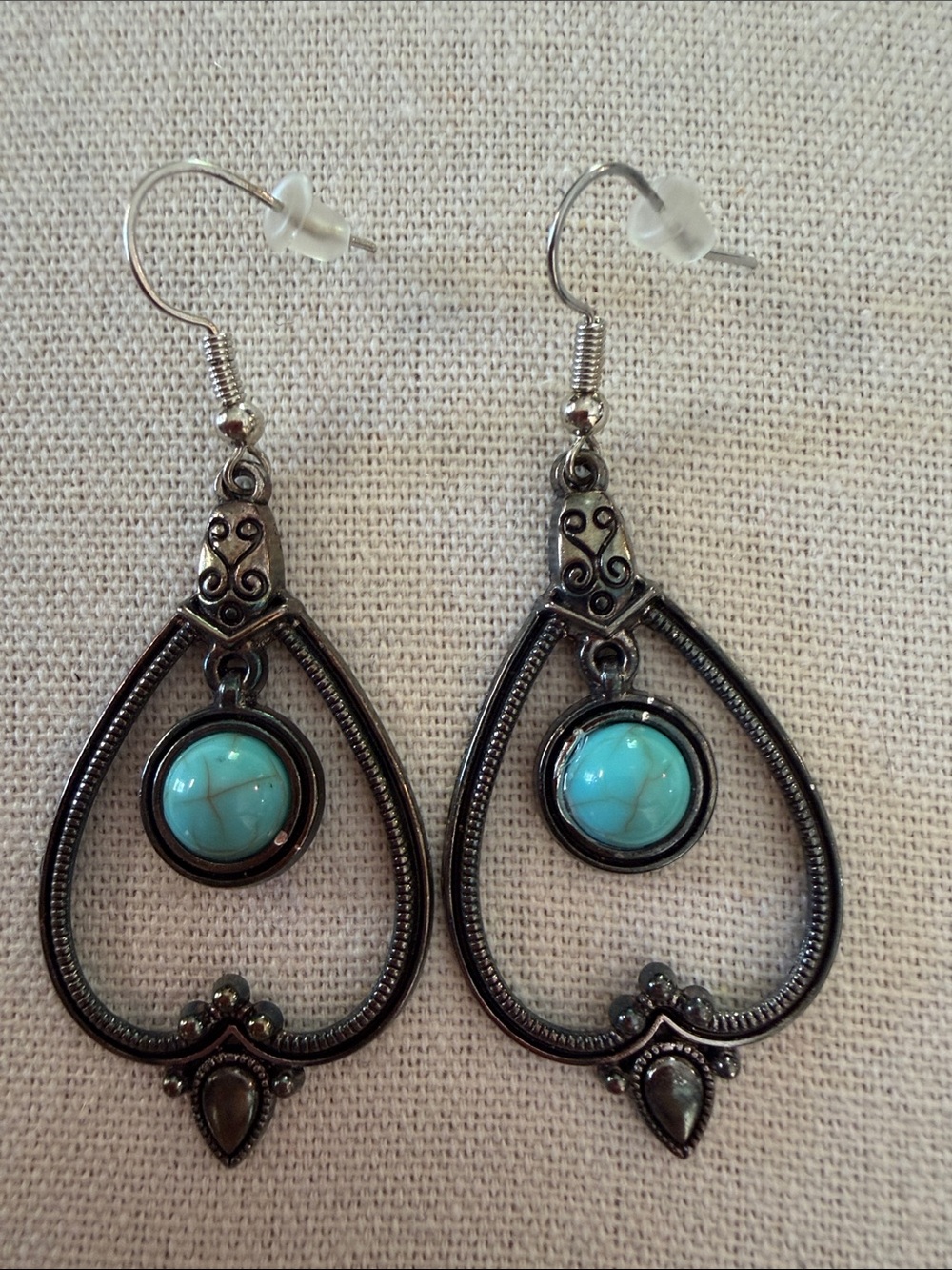 Vintage Style BOHO Teardrop Dangle Earrings Silver Tone with Turquoise